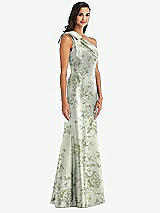 Alt View 2 Thumbnail - Cottage Rose Sage Bow One-Shoulder Floral Satin Trumpet Gown