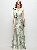 Alt View 4 Thumbnail - Cottage Rose Sage Bow One-Shoulder Floral Satin Trumpet Gown