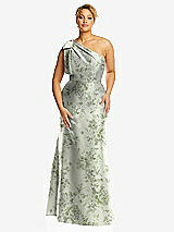 Front View Thumbnail - Cottage Rose Sage Bow One-Shoulder Floral Satin Trumpet Gown