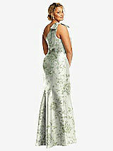 Rear View Thumbnail - Cottage Rose Sage Bow One-Shoulder Floral Satin Trumpet Gown