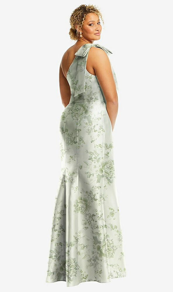 Back View - Cottage Rose Sage Bow One-Shoulder Floral Satin Trumpet Gown