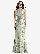 Front View Thumbnail - Cottage Rose Sage Jewel Neck Bowed Open-Back Floral SatinTrumpet Dress