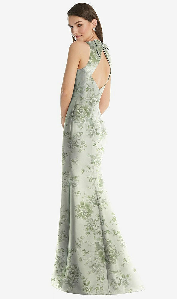 Back View - Cottage Rose Sage Jewel Neck Bowed Open-Back Floral SatinTrumpet Dress