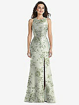 Front View Thumbnail - Cottage Rose Sage Jewel Neck Bowed Open-Back Floral Trumpet Dress with Front Slit