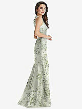 Side View Thumbnail - Cottage Rose Sage Jewel Neck Bowed Open-Back Floral Trumpet Dress with Front Slit