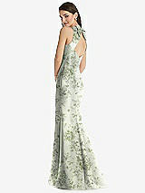 Rear View Thumbnail - Cottage Rose Sage Jewel Neck Bowed Open-Back Floral Trumpet Dress with Front Slit