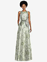 Front View Thumbnail - Cottage Rose Sage Jewel-Neck V-Back Floral Satin Maxi Dress with Mini Sash