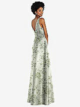 Rear View Thumbnail - Cottage Rose Sage Jewel-Neck V-Back Floral Satin Maxi Dress with Mini Sash