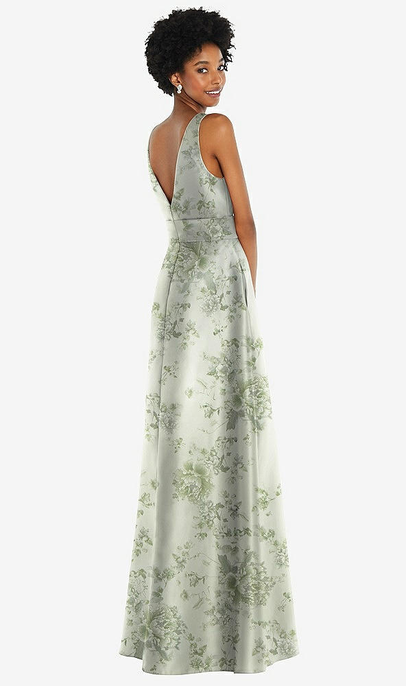 Back View - Cottage Rose Sage Jewel-Neck V-Back Floral Satin Maxi Dress with Mini Sash