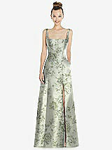 Front View Thumbnail - Cottage Rose Sage Sleeveless Square-Neck Princess Line Floral Gown with Pockets