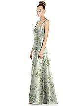 Side View Thumbnail - Cottage Rose Sage Sleeveless Square-Neck Princess Line Floral Gown with Pockets