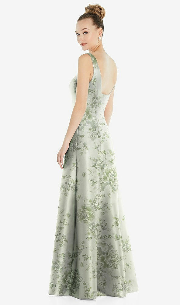 Back View - Cottage Rose Sage Sleeveless Square-Neck Princess Line Floral Gown with Pockets