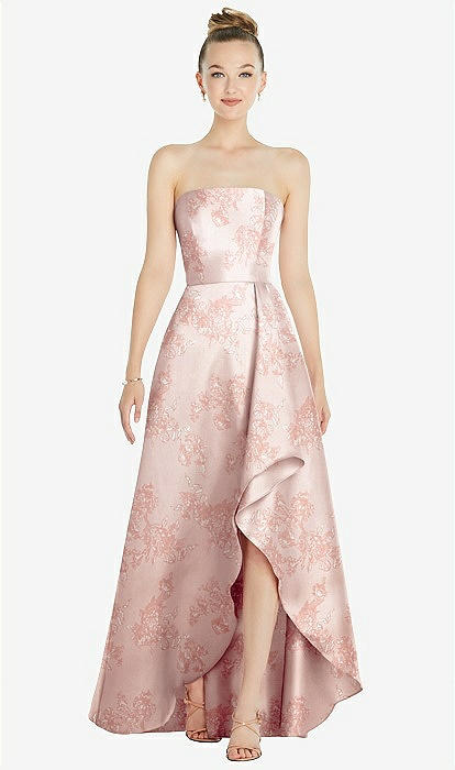 Strapless Floral Satin Bridesmaid Dress With Draped Front Slit And Pockets In Bow And Blossom Print The Dessy Group