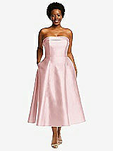 Alt View 1 Thumbnail - Ballet Pink Cuffed Strapless Satin Twill Midi Dress with Full Skirt and Pockets