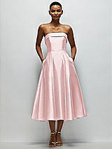 Front View Thumbnail - Ballet Pink Cuffed Strapless Satin Twill Midi Dress with Full Skirt and Pockets