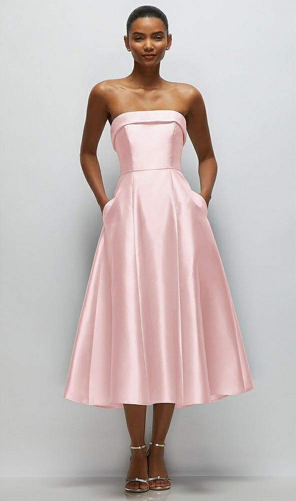 Front View - Ballet Pink Cuffed Strapless Satin Twill Midi Dress with Full Skirt and Pockets