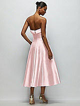 Side View Thumbnail - Ballet Pink Cuffed Strapless Satin Twill Midi Dress with Full Skirt and Pockets