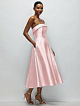 Rear View Thumbnail - Ballet Pink Cuffed Strapless Satin Twill Midi Dress with Full Skirt and Pockets