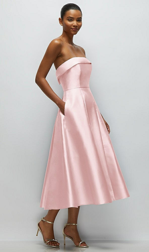 Back View - Ballet Pink Cuffed Strapless Satin Twill Midi Dress with Full Skirt and Pockets