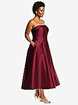 Alt View 3 Thumbnail - Burgundy Cuffed Strapless Satin Twill Midi Dress with Full Skirt and Pockets