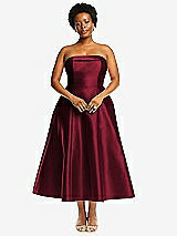 Alt View 4 Thumbnail - Burgundy Cuffed Strapless Satin Twill Midi Dress with Full Skirt and Pockets