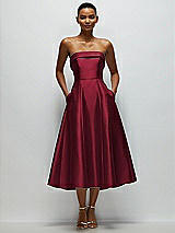 Front View Thumbnail - Burgundy Cuffed Strapless Satin Twill Midi Dress with Full Skirt and Pockets