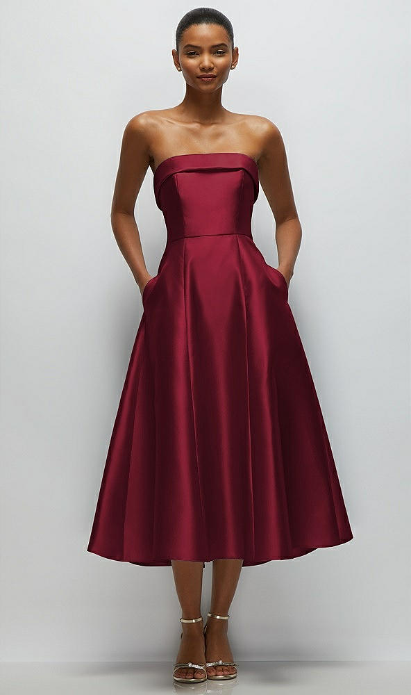 Front View - Burgundy Cuffed Strapless Satin Twill Midi Dress with Full Skirt and Pockets