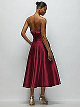 Side View Thumbnail - Burgundy Cuffed Strapless Satin Twill Midi Dress with Full Skirt and Pockets