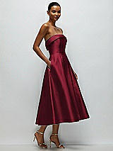 Rear View Thumbnail - Burgundy Cuffed Strapless Satin Twill Midi Dress with Full Skirt and Pockets