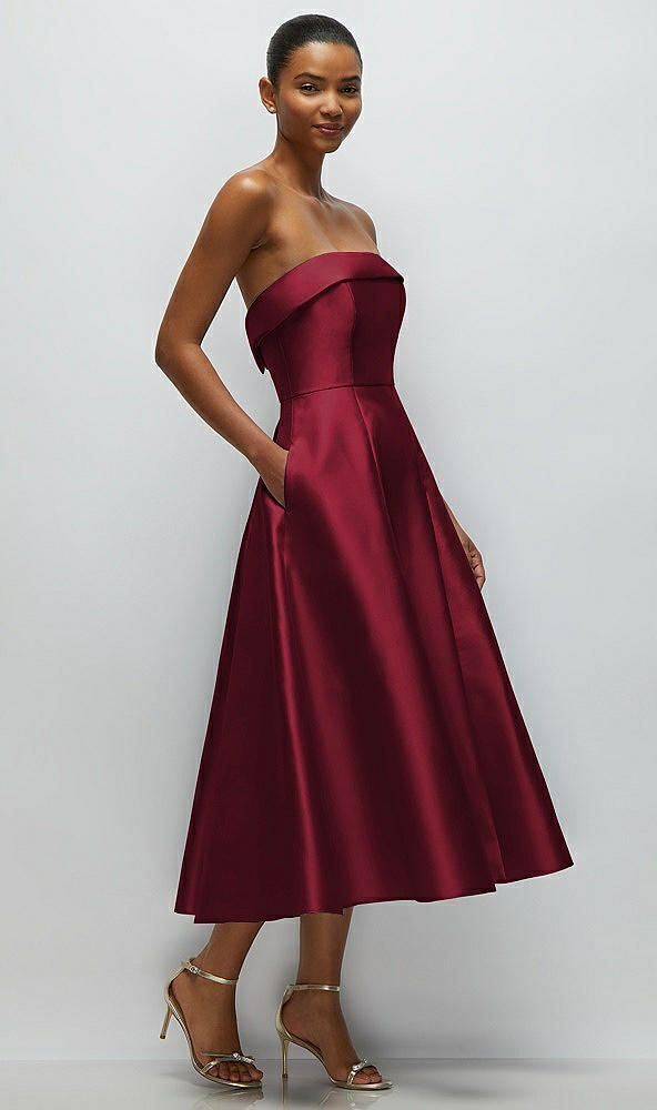 Back View - Burgundy Cuffed Strapless Satin Twill Midi Dress with Full Skirt and Pockets