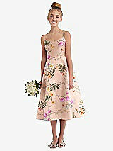 Alt View 1 Thumbnail - Butterfly Botanica Pink Sand Adjustable Spaghetti Strap Floral Satin Midi Junior Bridesmaid Dress