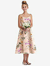 Front View Thumbnail - Butterfly Botanica Pink Sand Adjustable Spaghetti Strap Floral Satin Midi Junior Bridesmaid Dress