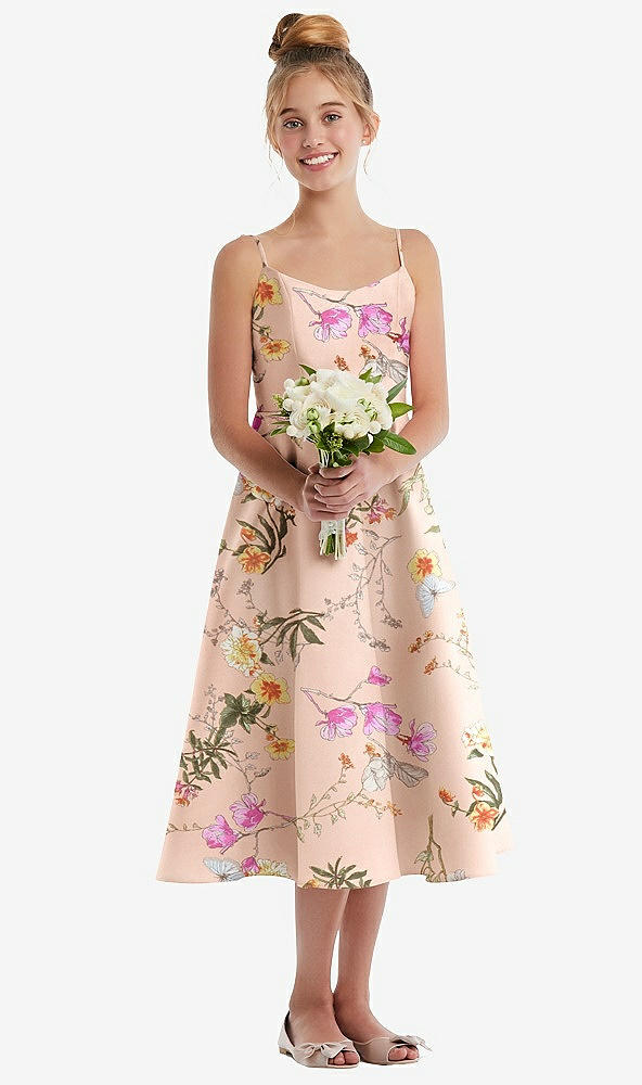 Front View - Butterfly Botanica Pink Sand Adjustable Spaghetti Strap Floral Satin Midi Junior Bridesmaid Dress