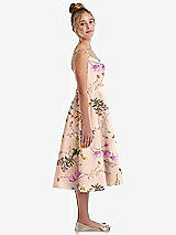 Side View Thumbnail - Butterfly Botanica Pink Sand Adjustable Spaghetti Strap Floral Satin Midi Junior Bridesmaid Dress