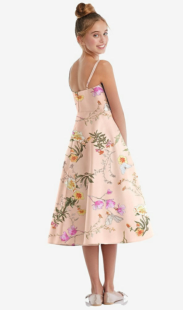 Back View - Butterfly Botanica Pink Sand Adjustable Spaghetti Strap Floral Satin Midi Junior Bridesmaid Dress