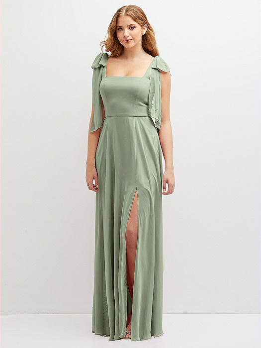 Bow Shoulder Square Neck Chiffon Maxi Dress