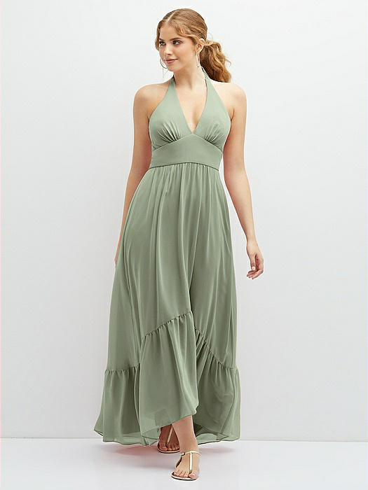 Chiffon Halter High-Low Dress with Deep Ruffle Hem