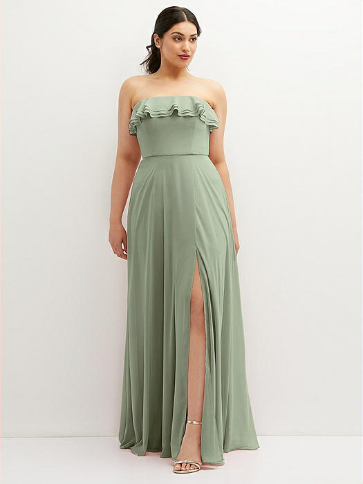 Tiered Ruffle Neck Strapless Maxi Dress with Front Slit