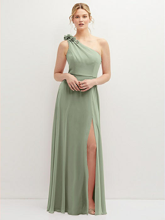 Handworked Flower Trimmed One-Shoulder Chiffon Maxi Dress