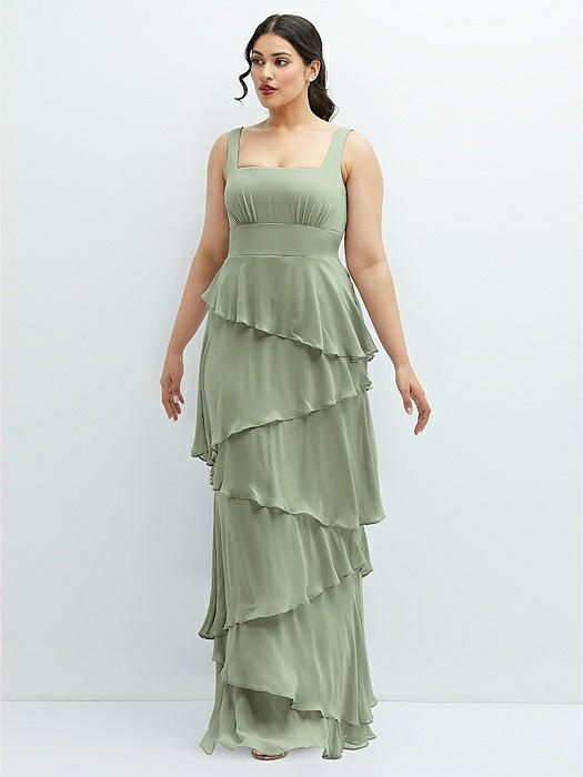 Asymmetrical Tiered Ruffle Chiffon Maxi Dress with Square Neckline