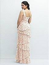 Rear View Thumbnail - Coquette Floral Print Asymmetrical Tiered Ruffle Chiffon Maxi Dress with Square Neckline