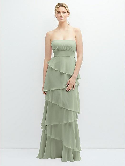 Strapless Asymmetrical Tiered Ruffle Chiffon Maxi Dress