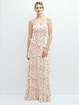 Front View Thumbnail - Coquette Floral Print Strapless Asymmetrical Tiered Ruffle Chiffon Maxi Dress