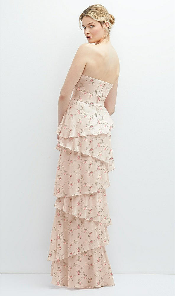 Back View - Coquette Floral Print Strapless Asymmetrical Tiered Ruffle Chiffon Maxi Dress