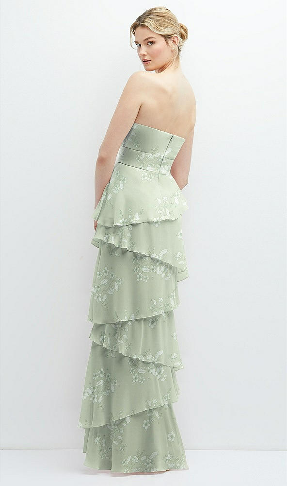 Back View - Vintage Primrose Sage Strapless Asymmetrical Tiered Ruffle Chiffon Maxi Dress