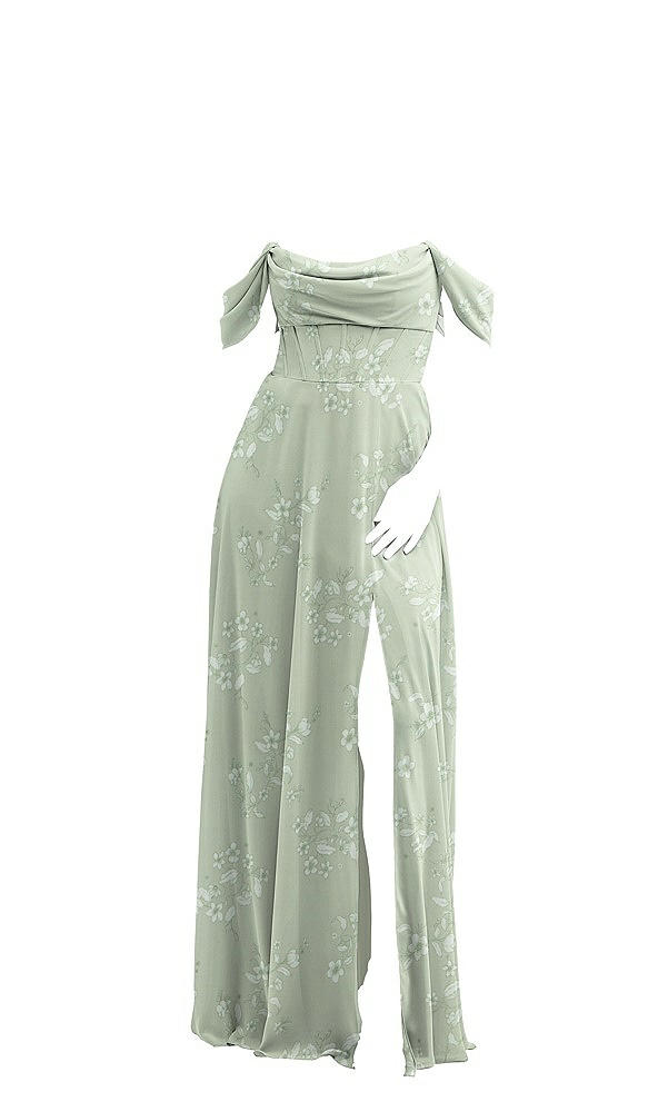 Front View - Vintage Primrose Sage Chiffon Corset Maxi Dress with Removable Off-the-Shoulder Swags