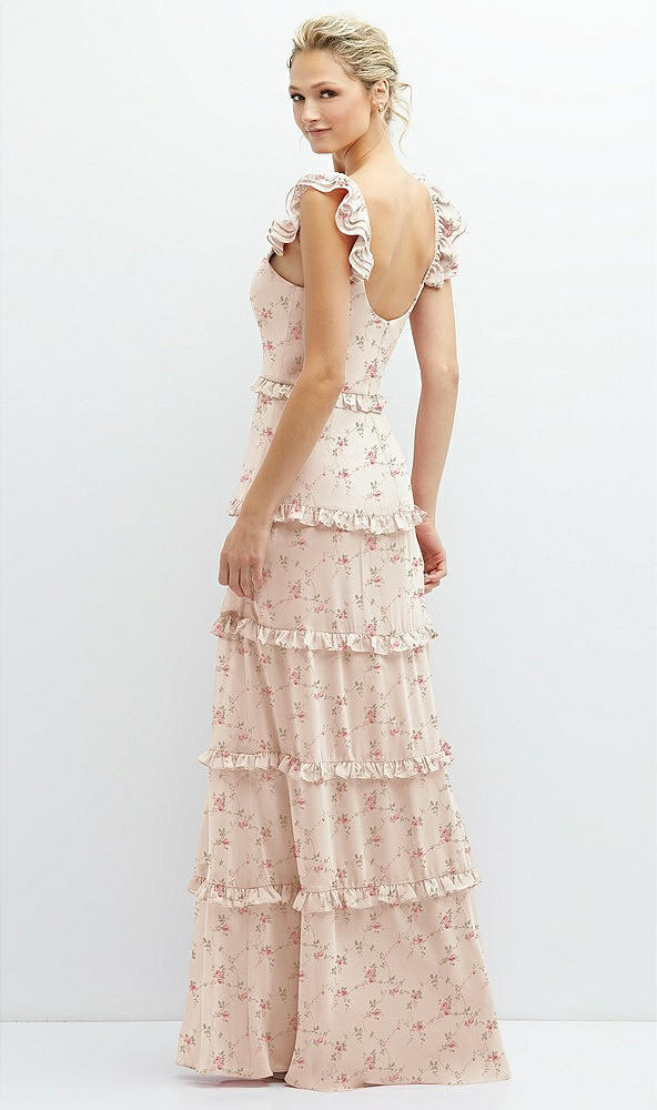 Back View - Coquette Floral Print Tiered Chiffon Maxi A-line Dress with Convertible Ruffle Straps