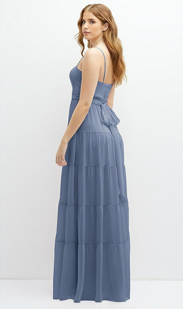 Back View - Larkspur Blue Modern Regency Chiffon Tiered Maxi Dress with Tie-Back