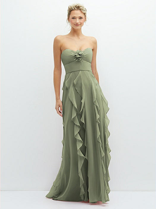 Strapless Vertical Ruffle Chiffon Maxi Dress with Flower Detail