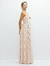 Side View Thumbnail - Coquette Floral Print Strapless Vertical Ruffle Chiffon Maxi Dress with Flower Detail